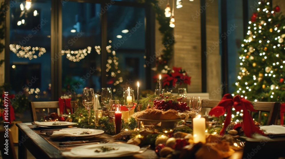 A beautifully decorated dining table for a festive holiday gathering. A beautifully decorated dining table for a festive holiday gathering.