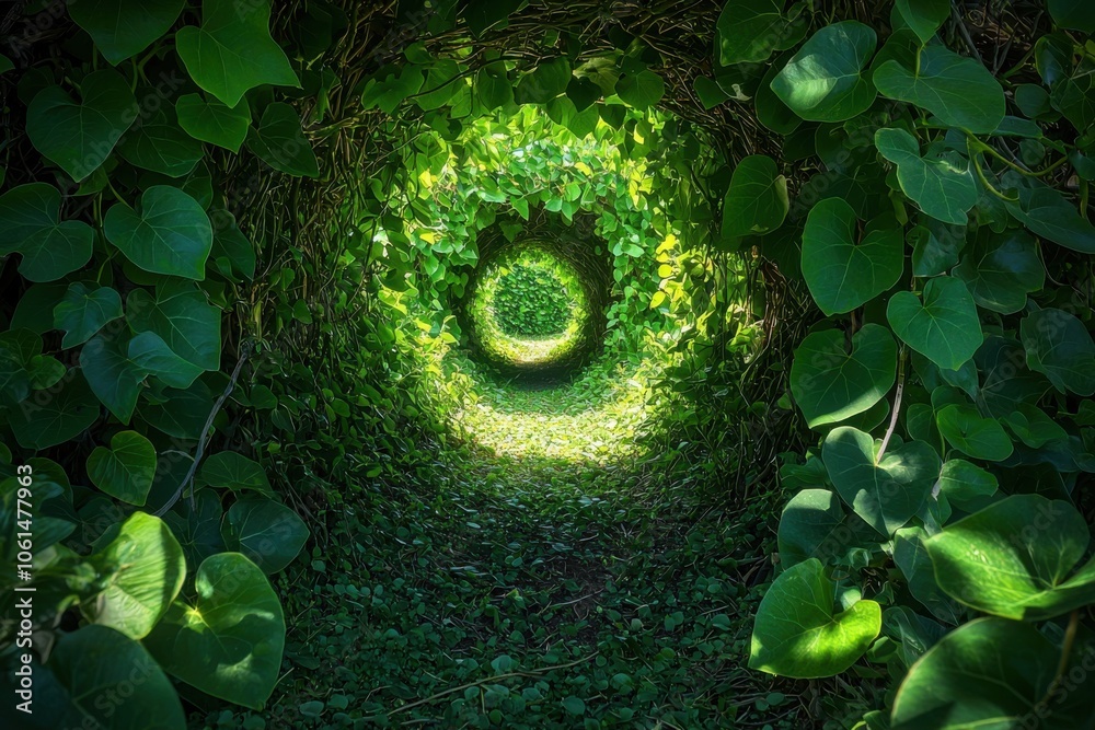 A lush, green tunnel formed by intertwining leaves, leading to a bright, illuminated opening, creating a serene and enchanting atmosphere.