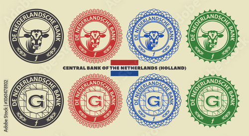 Vector graphic set of financial fictional color seals of Holland. Round icons, cow and shield with guilder. Inscription in Dutch means Central Bank of Netherlands.