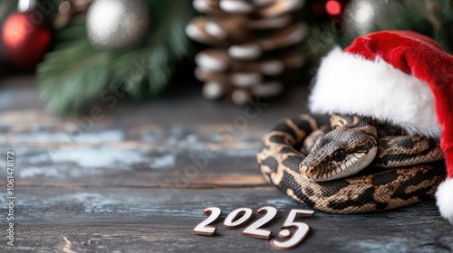 A snake entwined in a Santa hat lies beside festive pinecones and ornaments, juxtaposing warmth and edginess in a unique holiday setup.