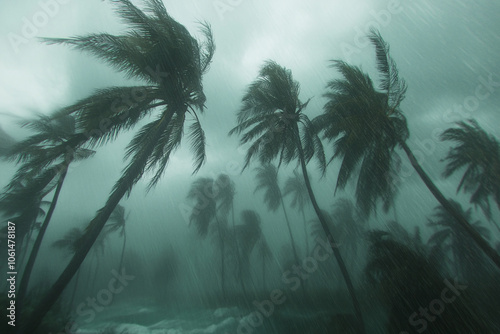 Strong Tropical Storm Hurricane, Heavy Rain, Wind, Flooding, Bending Palm Trees, Ocean Waves Crashing at Shore, Moody Stormy Weather, Extreme Conditions Caused by Climate Change, Global Warming photo