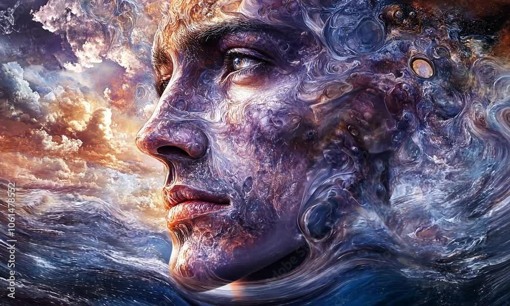 A surreal portrait blending human features with cosmic elements and swirling textures.