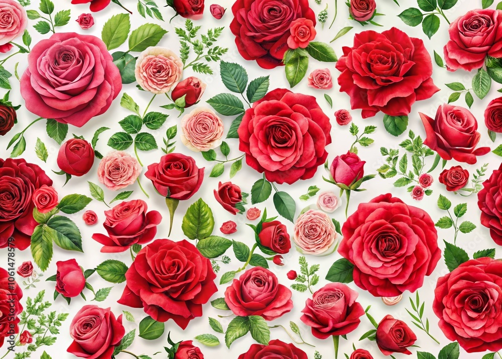 Seamless Floral Print of Red Roses on White Background for Fabric, Wallpaper, and Tile Design - Perfect for Home Decor and Fashion Textiles Seamless Floral Print of Red Roses on White Background for Fabric, Wallpaper, and Tile Design - Perfect for Home Decor and Fashion Textiles