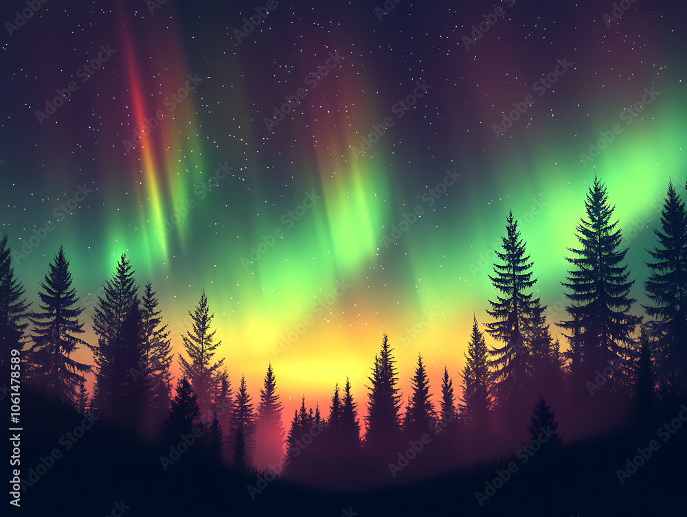 Phenomenon aurora dancing lights on nature background illustration