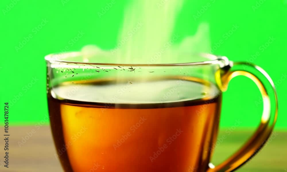 Cup of tea brewing on the table on green screen. Generative AI Cup of tea brewing on the table on green screen. Generative AI