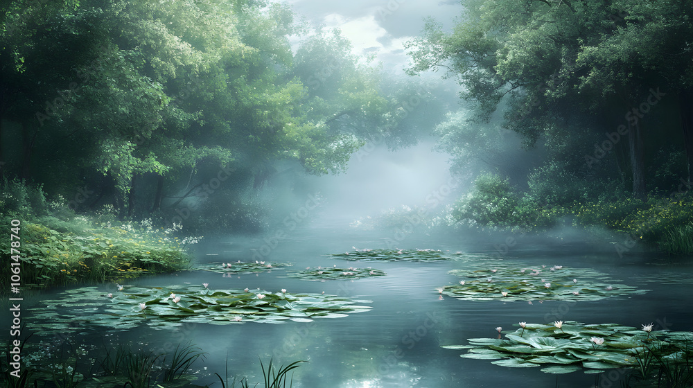 A mystical pond surrounded by poisonous lilies with fog hovering above. A mystical pond surrounded by poisonous lilies with fog hovering above.