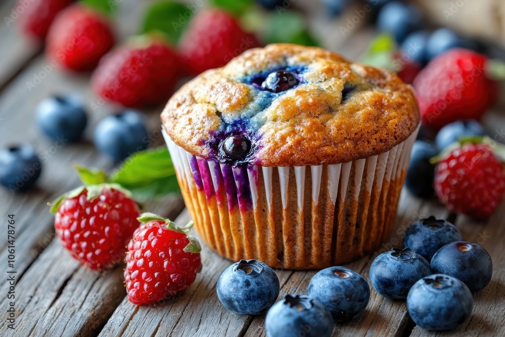 A delicious blueberry muffin surrounded by fresh raspberries and blueberries on a rustic wooden surface. A delicious blueberry muffin surrounded by fresh raspberries and blueberries on a rustic wooden surface.