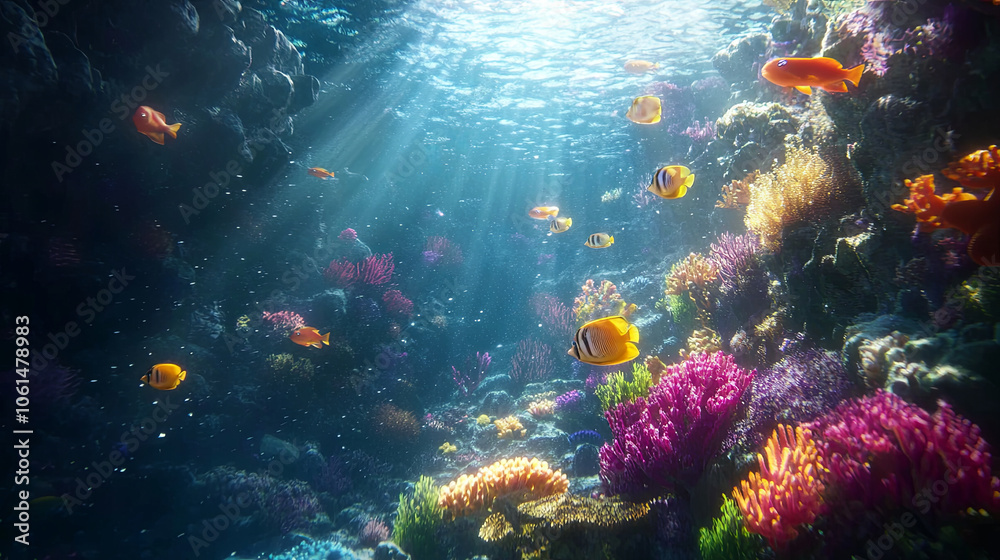 Underwater coral reef with vibrant fish swimming among colorful corals, creating serene and lively marine environment. Sunlight filters through water, enhancing beauty of scene Underwater coral reef with vibrant fish swimming among colorful corals, creating serene and lively marine environment. Sunlight filters through water, enhancing beauty of scene