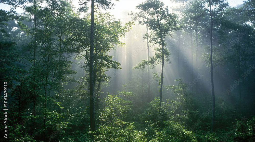 Foggy morning in dense pine forest with sunlight filtering through trees, creating serene and tranquil atmosphere Foggy morning in dense pine forest with sunlight filtering through trees, creating serene and tranquil atmosphere