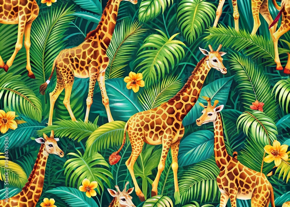 Naklejka premium Seamless Tropical Giraffe Pattern with Palm Leaves - Summer Print Ideal for Fabrics and Home Decor