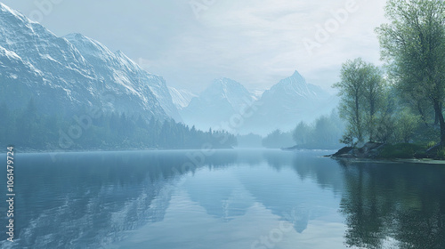 serene mountain lake reflects snow capped peaks and lush greenery, creating tranquil atmosphere. misty landscape evokes sense of peace and natural beauty