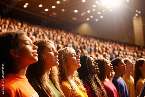 Diverse choir singers perform on stage photo