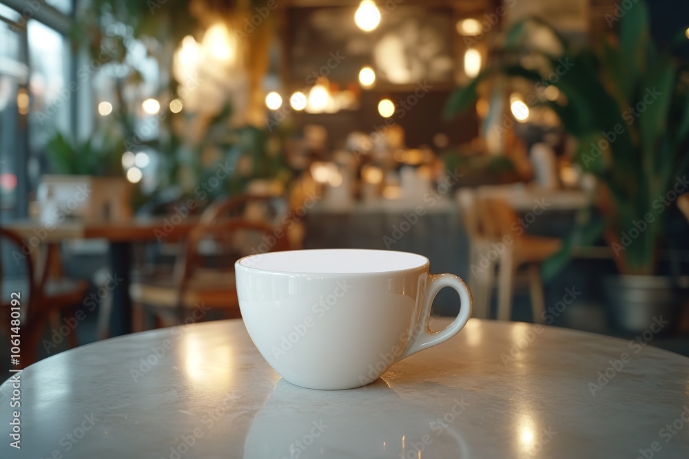 White cup on table in cozy café with warm lighting White cup on table in cozy café with warm lighting