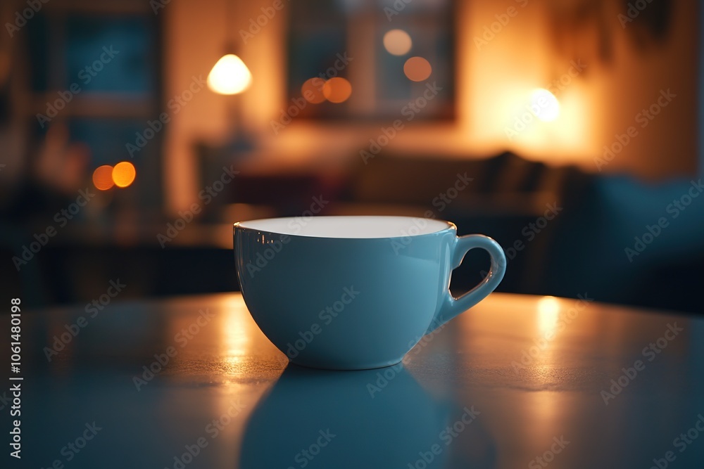 Fototapeta premium Cozy blue cup on table in warm light.