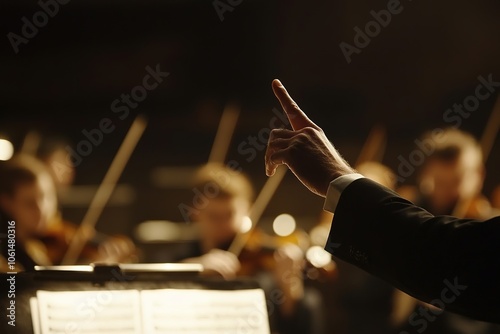 Conductor's hand directing symphony orchestra with focus photo