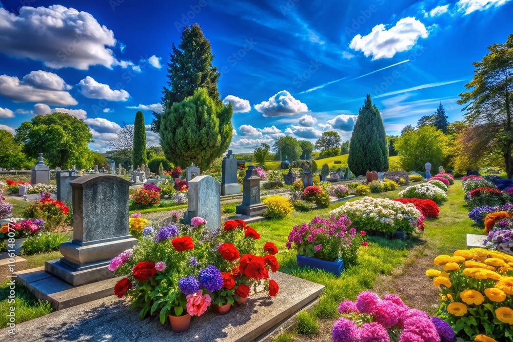 Obraz premium Serene Floral Tribute: Panoramic View of Vibrant Flowers Adorning a Peaceful Cemetery Landscape