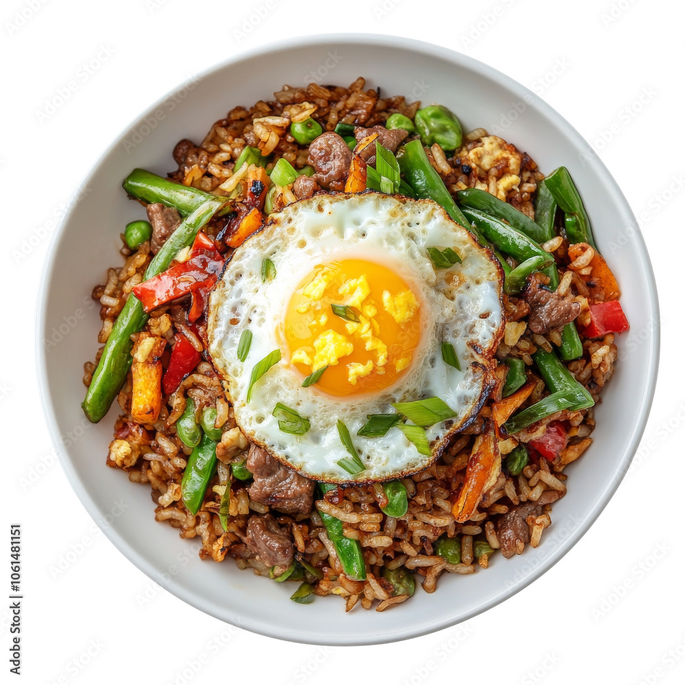 Delicious fried rice topped with a sunny-side-up egg and vibrant vegetables. on transparent background. Delicious fried rice topped with a sunny-side-up egg and vibrant vegetables. on transparent background.