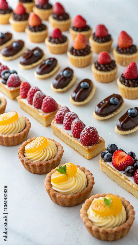 Rows of mini pastries, such as mini fruit tarts, chocolate eclairs, and small puff pastries Rows of mini pastries, such as mini fruit tarts, chocolate eclairs, and small puff pastries