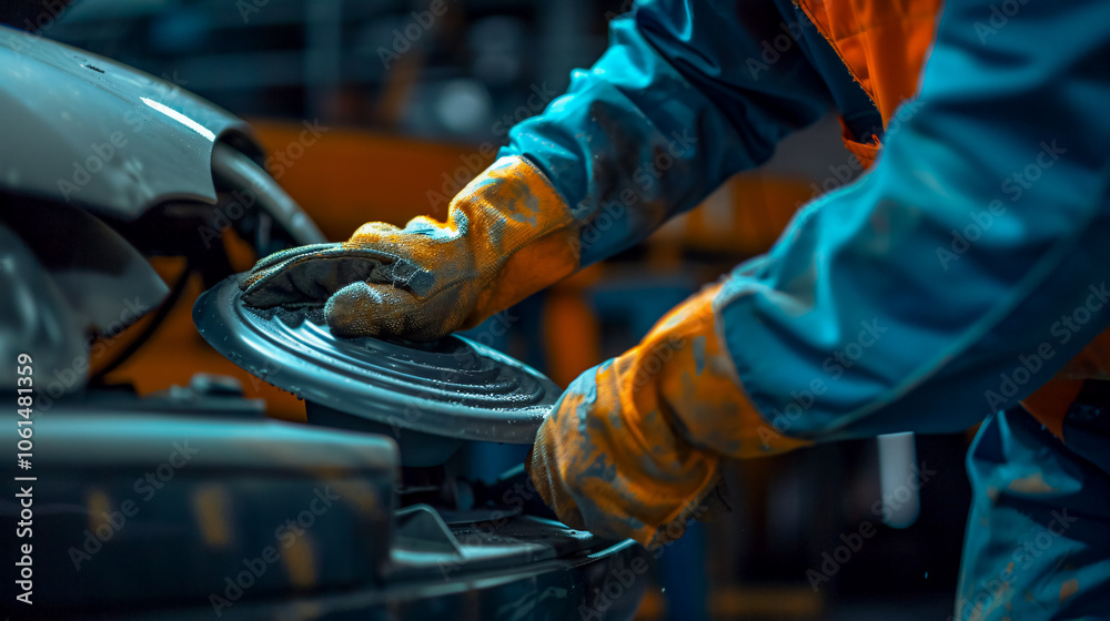 The mechanic works with a grinding tool, sands parts, paints the garage, and repairs cars after accidents. The mechanic works with a grinding tool, sands parts, paints the garage, and repairs cars after accidents.