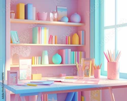 Pastel Colored Workspace with Books, Art, and Sunlit Window