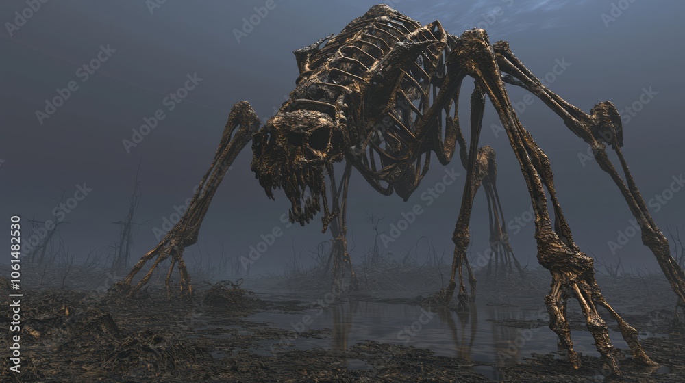 Fototapeta premium Eldritch Abomination: Sinister Biomechanical Creature in Twisted Landscape