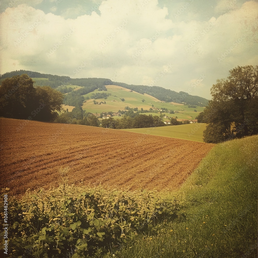 Fototapeta premium Hillside tapestry in Switzerland: emerald meadows and plowed fields