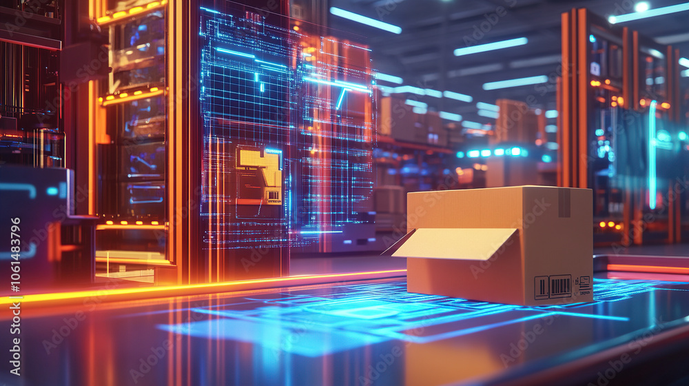 A futuristic warehouse with glowing data streams and digital holograms of boxes, representing the advanced technology behind logistics management A futuristic warehouse with glowing data streams and digital holograms of boxes, representing the advanced technology behind logistics management