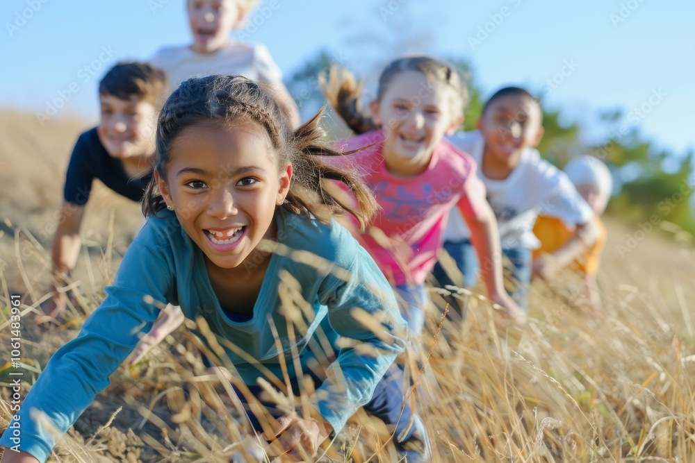 Group of happy children having fun on wheat field. Focus on girl Group of happy children having fun on wheat field. Focus on girl