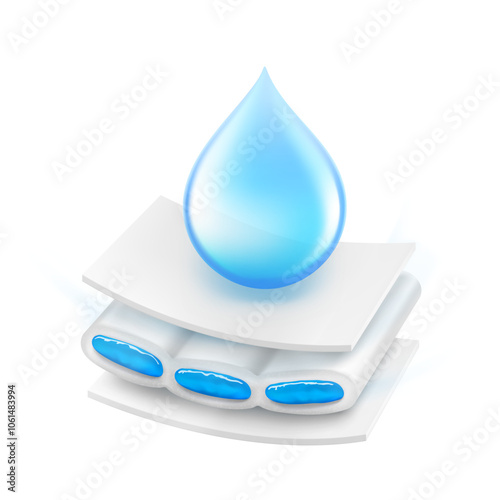 Realistic drop with layered absorbent core that shows prevents leaking. Vector illustration isolated on white background. Perfect for hygiene product and absorbent materials. EPS10.