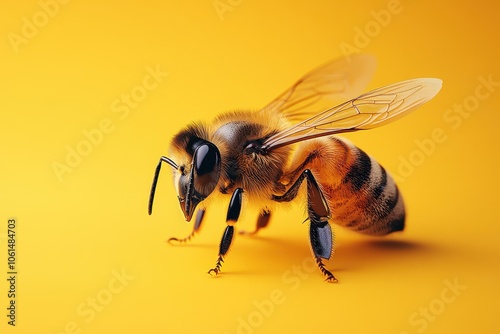 Ultra-Realistic Photo of a Honey Bee on a Yellow Background with Copy Space, Simple Composition and Studio Lighting 