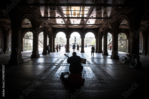 Man playing a guitar in Central Park , New York , USA
