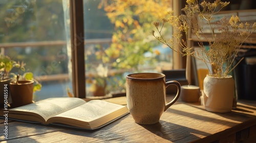 Nestled by the window, a steaming cup of cocoa sits beside an open book, inviting moments of quiet reflection and literary escape on a drizzly afternoon.