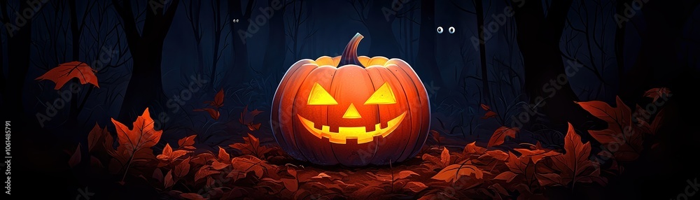A glowing jack-o'-lantern surrounded by autumn leaves in a spooky forest at night. A glowing jack-o'-lantern surrounded by autumn leaves in a spooky forest at night.