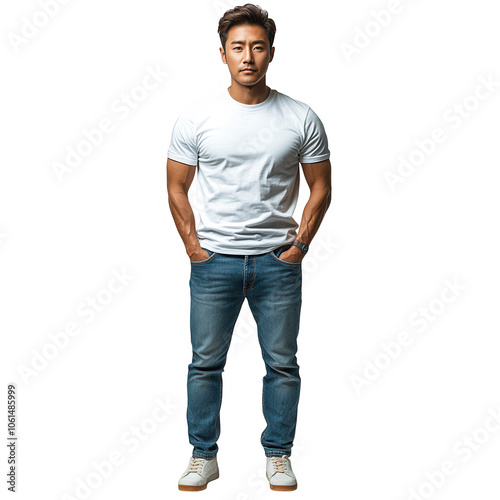 A young man wearing a fitted white shirt and blue jeans, standing confidently. The casual outfit is perfect for a relaxed day out, emphasizing a modern and clean look.
