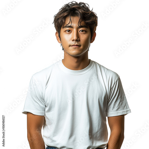 A young man in a casual white t-shirt, smiling with a relaxed and friendly expression. His pose is straightforward and confident, making him approachable. 