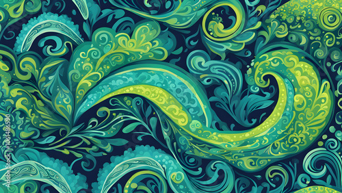 A green and blue floral patterned background with a green and blue swirl