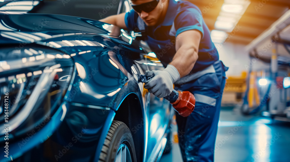The mechanic works with a grinding tool, sands car components, offers garage painting, and repairs vehicles. The mechanic works with a grinding tool, sands car components, offers garage painting, and repairs vehicles.