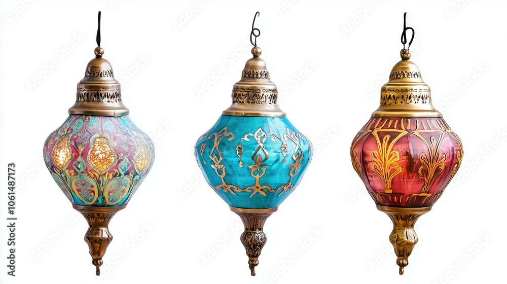 Obraz premium Set of Ancient Arabic Lantern with Middle Eastern Pattern on white background