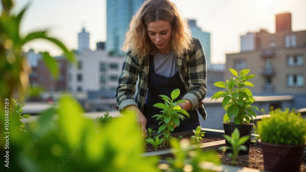 Woman in plaid shirt working with plants on a rooftop.