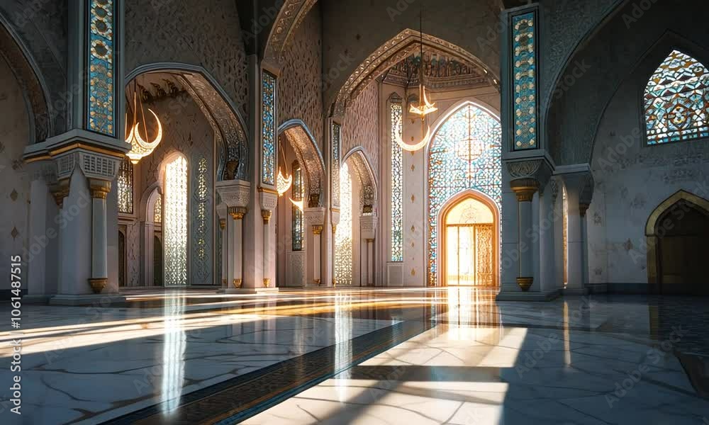 Interior of a Mosque with Light Streaming Through the Windows Interior of a Mosque with Light Streaming Through the Windows