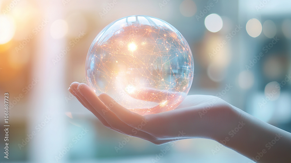 A hand holding a digital, glowing sphere with a network connection and data transfer concept on a blurred office background A hand holding a digital, glowing sphere with a network connection and data transfer concept on a blurred office background