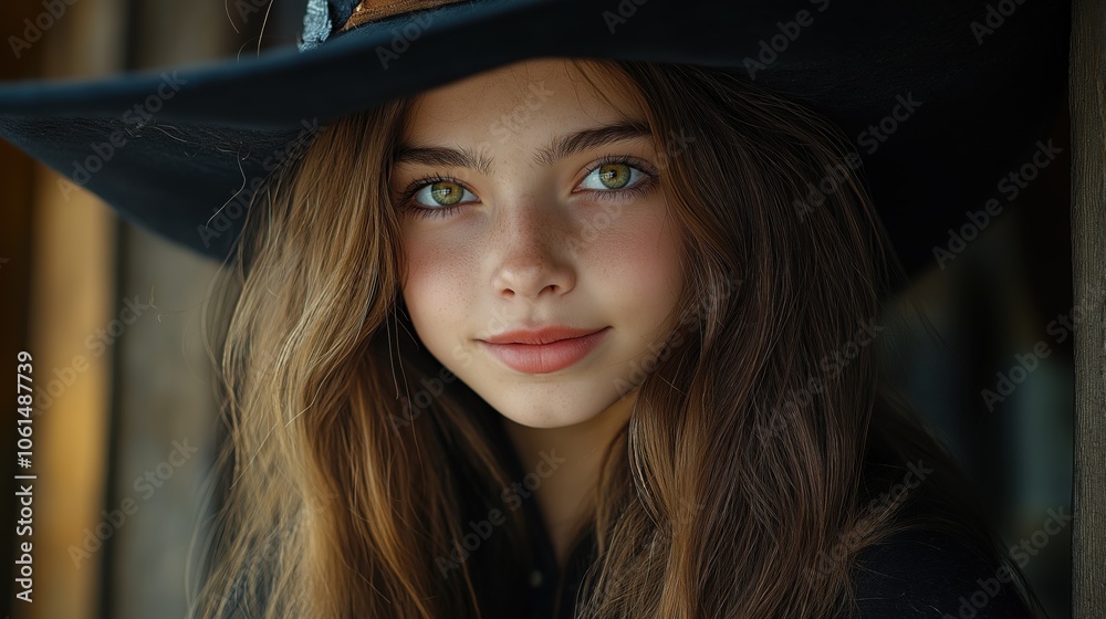 In an enchanting autumn setting, a young woman with long hair gently smiles while donning a stylish black hat, framed by golden leaves and blurred figures in the background. In an enchanting autumn setting, a young woman with long hair gently smiles while donning a stylish black hat, framed by golden leaves and blurred figures in the background.