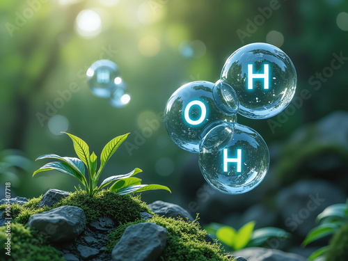 Water or Hydrogen Dioxide Molecule Structure in Ecosystem, Photosynthesis and Water's Role