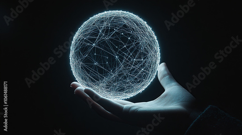 Hand holding a glowing digital network sphere on a dark background, a technology concept