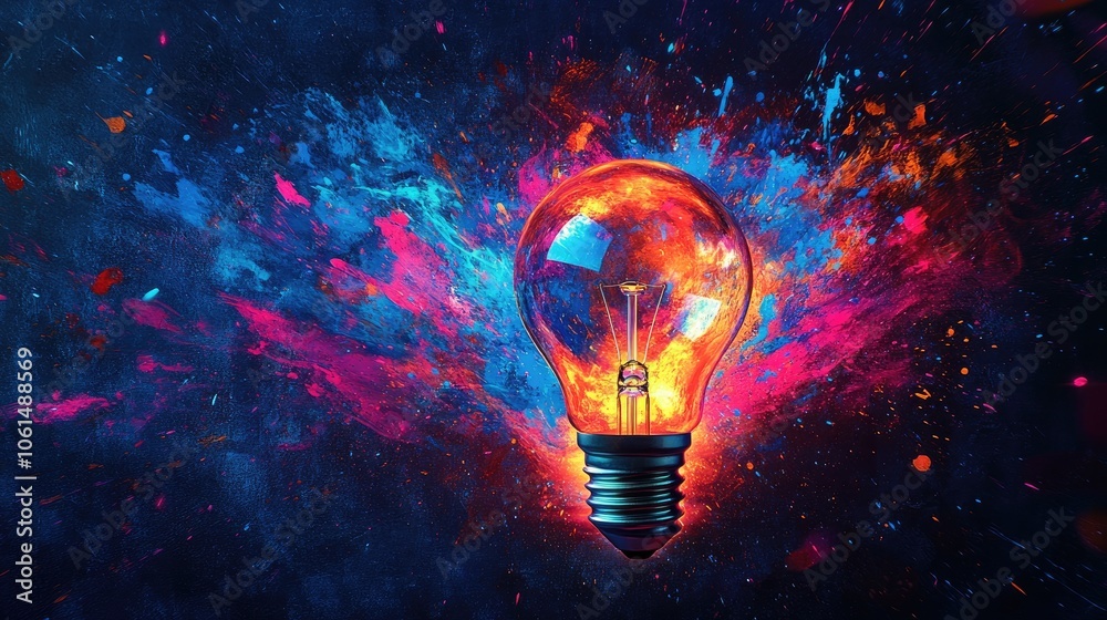 Creative explosion of bright blue, pink, and orange paint around a glowing light bulb. This vibrant design symbolizes innovation, energy, and ideas