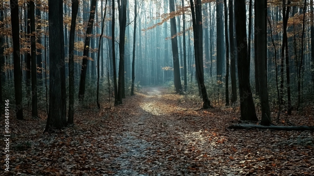 Obraz premium In a serene woodland, a winding path is revealed, covered in fallen leaves, as gentle beams of light break through the towering trees above, evoking a sense of peace.