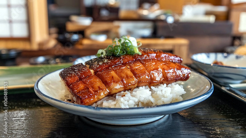 A bowl of grilled unagi eel glazed with sweet sauce, served over steamed white rice with soy dipping sauce on the side, in a Japanese restaurant setting.  photo