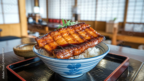 A bowl of grilled unagi eel glazed with sweet sauce, served over steamed white rice with soy dipping sauce on the side, in a Japanese restaurant setting.  photo