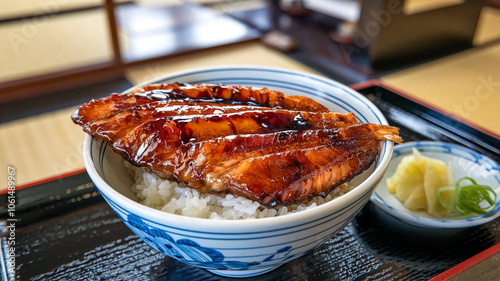 A bowl of grilled unagi eel glazed with sweet sauce, served over steamed white rice with soy dipping sauce on the side, in a Japanese restaurant setting.  photo