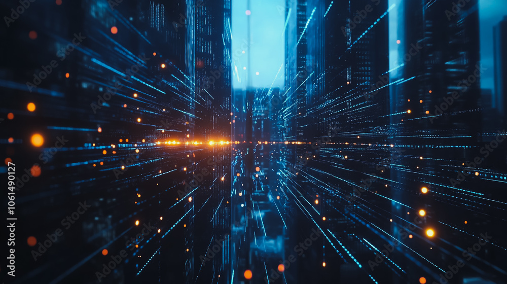 Naklejka premium Smart digital city with connection cyber security network reciprocity over the cityscape . future smart wireless digital city and social media networking systems that connects people within the city